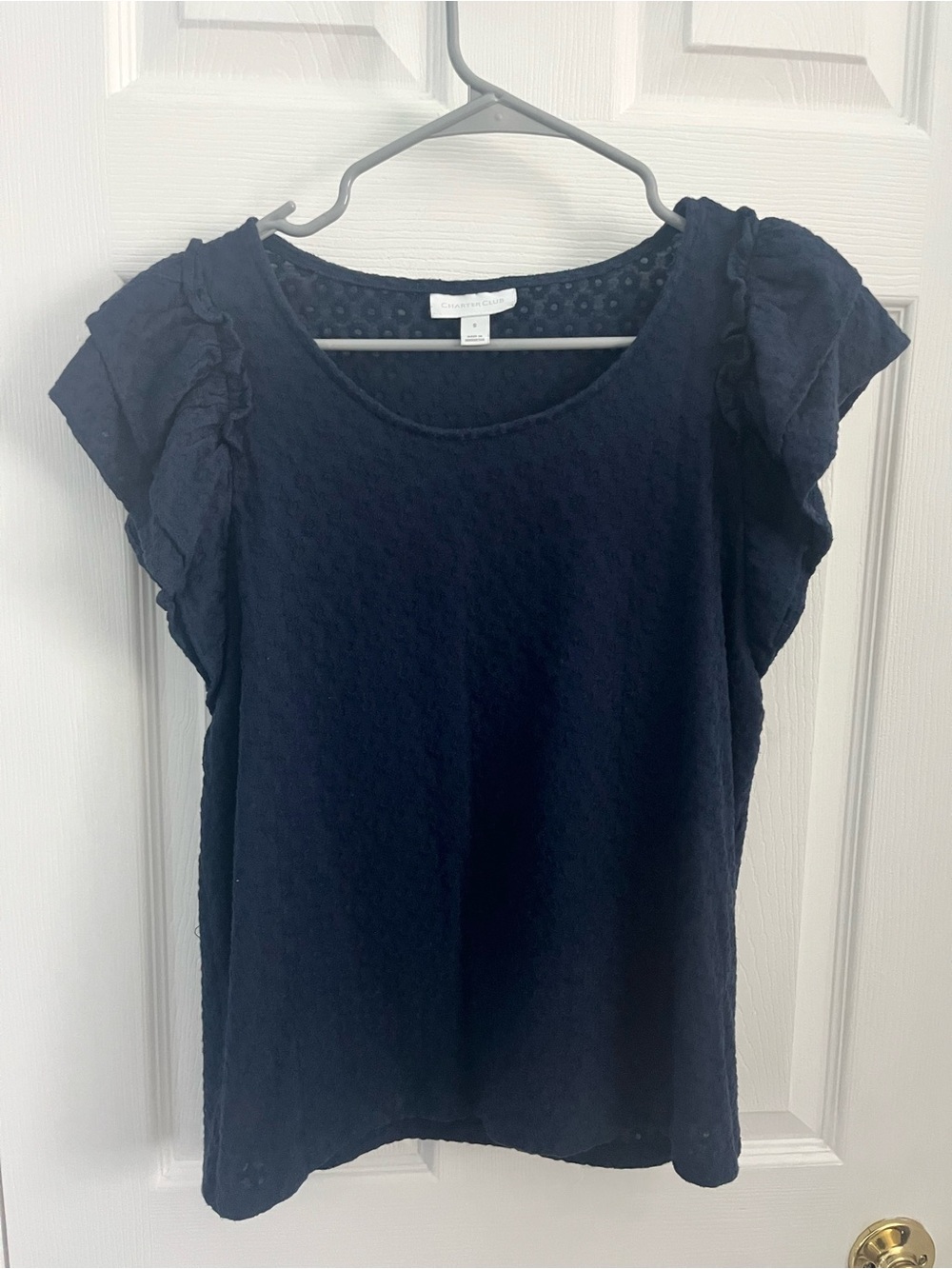 Navy Ruffle Sleeve Floral Textured Women's Top